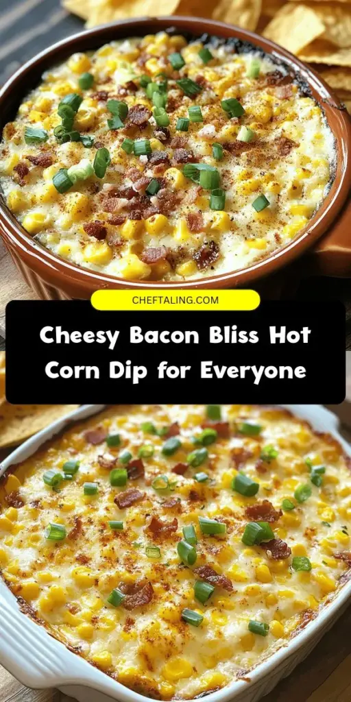 Discover the ultimate crowd-pleaser with this Cheesy Bacon Bliss Hot Corn Dip! Perfect for game days, parties, and casual hangouts, this creamy, cheesy appetizer blends frozen corn, savory bacon, and rich cream cheese for an irresistible treat. Serve with tortilla chips, veggies, or crackers for a delicious dipping experience. Elevate your gatherings and create lasting memories with this comforting dish. #CheesyBaconDip #PartyFood #ComfortFood #Appetizers #GameDaySnacks #CornDip