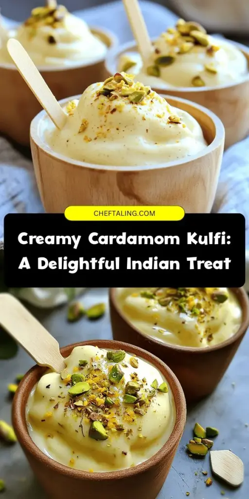 Indulge in the rich tradition of Indian desserts with this Creamy Cardamom Kulfi Delight! This easy recipe brings together full-fat milk, heavy cream, and aromatic cardamom for a dessert that's both rich and satisfying. Perfect for warm days and gatherings, the kulfi's dense texture melts in your mouth, offering a delightful experience. Garnish with crushed pistachios for that extra crunch! #Kulfi #IndianDessert #Cardamom #FrozenTreats #NoChurnIceCream #DessertRecipes #SummerTreats