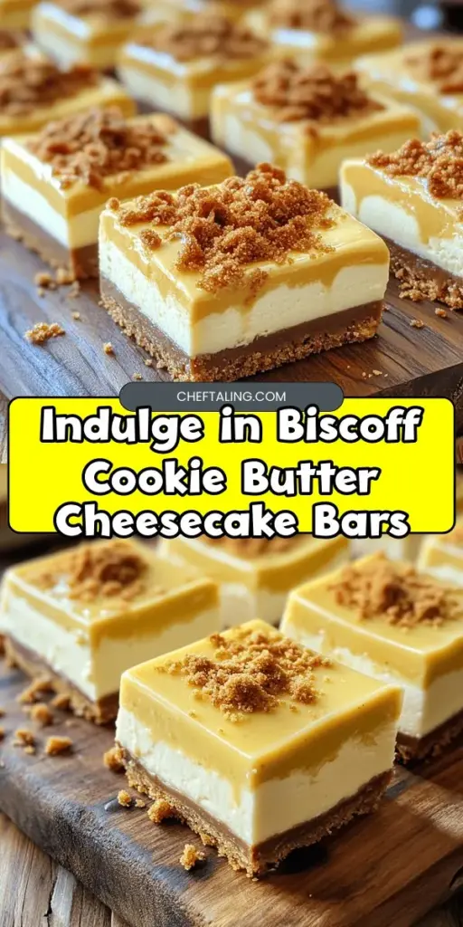 Indulge in the sweet, spiced delight of Biscoff Cookie Butter Cheesecake Bars! These easy-to-make dessert bars blend creamy cheesecake with caramelized Biscoff cookies and cookie butter for a flavor that will wow your taste buds. Perfect for any occasion, they’re sure to be a crowd-pleaser. Discover the step-by-step guide to create these decadent treats and impress your guests! #Biscoff #CheesecakeBars #DessertRecipes #BakingJoy #SweetTooth #CookieButter