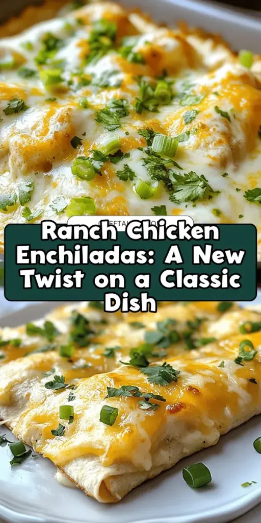 Discover the delicious twist on a classic with Ranch Chicken Enchiladas! This easy recipe combines tender shredded chicken, zesty ranch dressing, and melted cheese, all wrapped in soft flour tortillas and baked to perfection. Perfect for dinner parties or weeknight meals, these enchiladas are sure to impress everyone at the table. Elevate your family favorite with this comforting dish that blends Mexican tradition with American flavors. #Enchiladas #RanchChicken #ComfortFood #DinnerIdeas #RecipeOfTheDay #CookingInspiration #Foodie