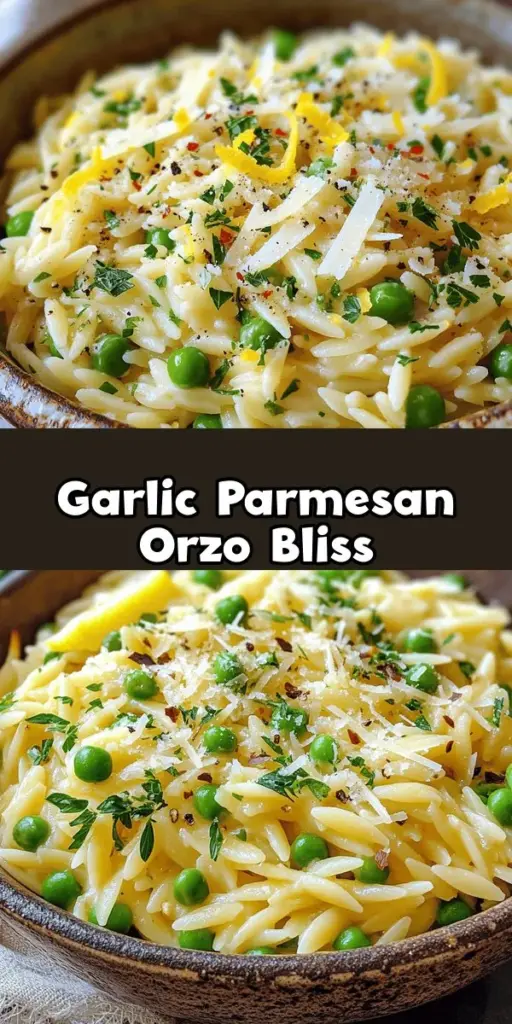 Savor the deliciousness of Garlic Parmesan Orzo Delight, a quick and nourishing dish that transforms versatile orzo pasta into a flavorful experience. This recipe combines creamy Parmesan with the aromatic richness of sautéed garlic, enhanced by fresh peas and zesty lemon. Perfect as a main course or side, it's ideal for busy weeknights. Dive into this culinary delight and impress your taste buds! #OrzoRecipe #GarlicParmesan #QuickMeals #PastaLove #HealthyEating #YummyEats