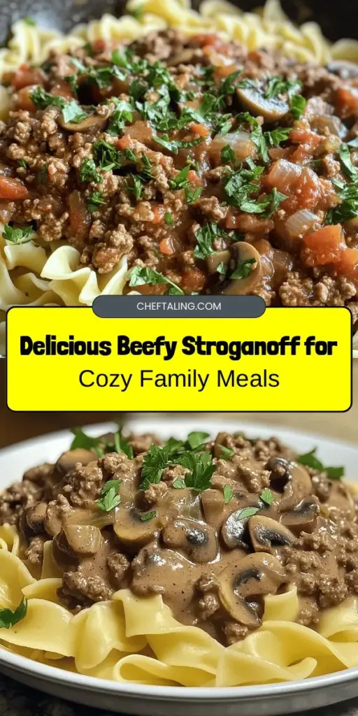 Warm up your weeknights with Beefy Stroganoff Delight, a comforting dish perfect for the whole family. This recipe features tender beef, creamy mushroom sauce, and egg noodles, creating a hearty meal that’s easy to prepare. Whether you’re new to cooking or a seasoned chef, this dish is sure to impress! Try it with steamed veggies or a crisp salad for a complete dinner. Discover the essence of this timeless recipe today! #BeefStroganoff #ComfortFood #EasyRecipes #FamilyDinner #HomeCooking