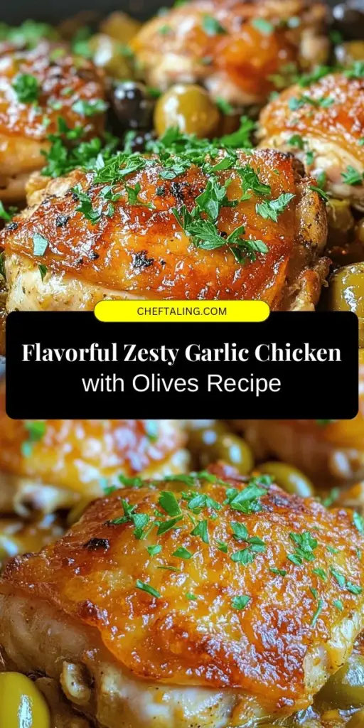 Transform your dinner routine with this Zesty Garlic Chicken with Olives recipe! Enjoy the rich, savory flavors of juicy chicken thighs, briny olives, and aromatic garlic, all simmered to perfection. This Mediterranean dish is simple to prepare and perfect for any occasion, promising a gourmet experience in just 30 minutes. Pair it with crusty bread, rice, or a fresh salad for a complete meal. Discover the joy of flavorful cooking! #GarlicChicken #MediterraneanCuisine #Foodie #HealthyEating #QuickRecipes #YummyMeals