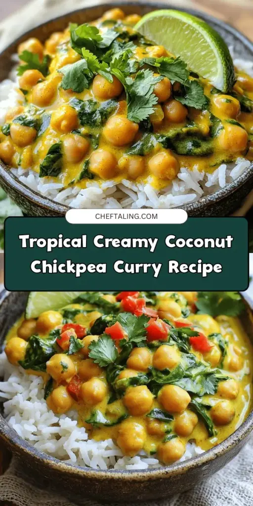 Indulge in the deliciousness of Tropical Creamy Coconut Chickpea Curry! This easy, plant-based dish features protein-packed chickpeas and creamy coconut milk, creating a nourishing and flavorful experience. With vibrant spices and fresh vegetables, it's perfect for busy weeknights or relaxing weekends. Dive into a culinary journey that balances taste and health in every bite! Get the recipe and explore the goodness today! #VeganRecipes #ChickpeaCurry #HealthyEating #PlantBased #CoconutMilk #EasyDinner