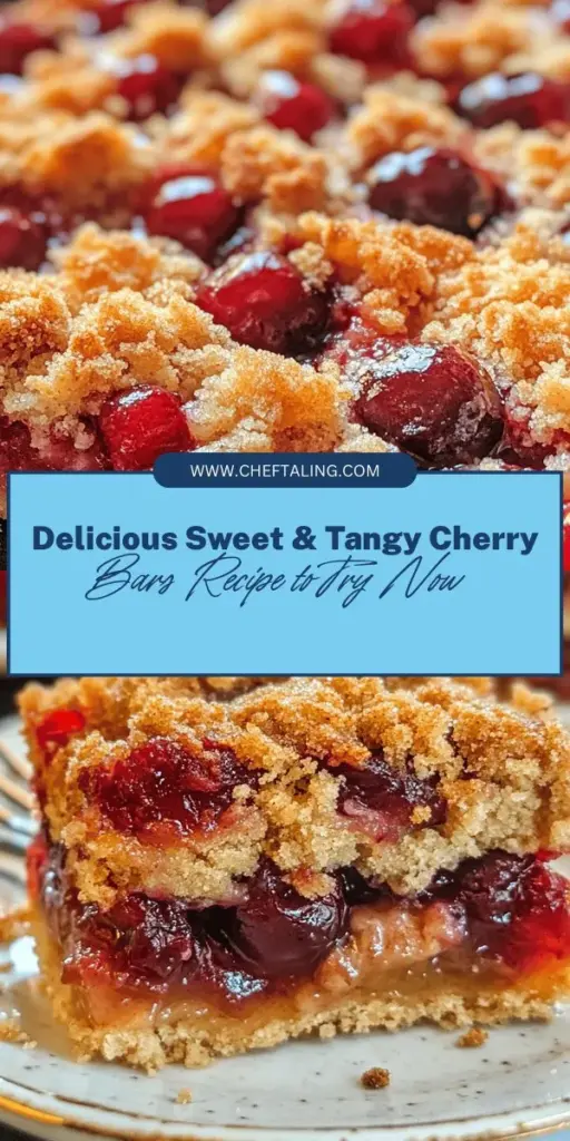 Satisfy your sweet tooth with these irresistible Sweet & Tangy Cherry Bars! Bursting with fresh cherries, a buttery crust, and a crunchy crumb topping, they are perfect for any occasion, from picnics to dinner parties. Easy to make, these bars combine sweet and tart flavors that will delight your taste buds. Serve them warm with ice cream or chilled for a refreshing treat! Get the full recipe and enjoy a slice of summer year-round! #CherryBars #Baking #DessertRecipes #SummerTreats #SweetAndTart #HomemadeDesserts