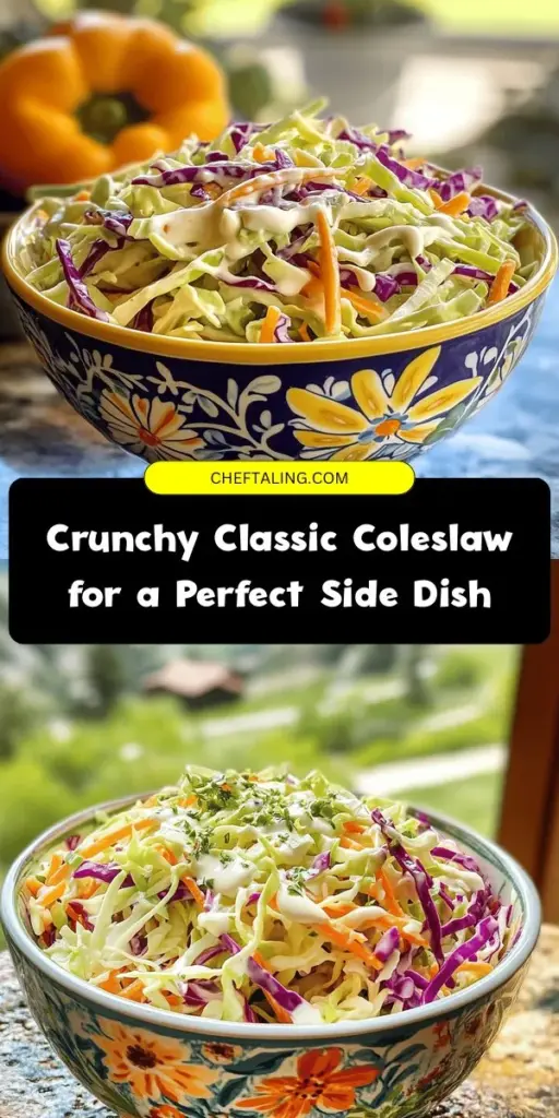 Discover the joy of making Crunchy Classic Coleslaw, a refreshing side dish that’s perfect for any meal! This simple recipe combines crispy cabbage and carrots with a creamy, tangy dressing. Coleslaw not only offers a satisfying crunch but is also packed with vitamins and fiber. Ideal for barbecues, picnics, or family dinners, it’s a classic that never goes out of style. Get creative by adding fruits or trying alternative dressings! #Coleslaw #SideDish #HealthyEating #CookingAtHome #CabbageSalad #SummerRecipes