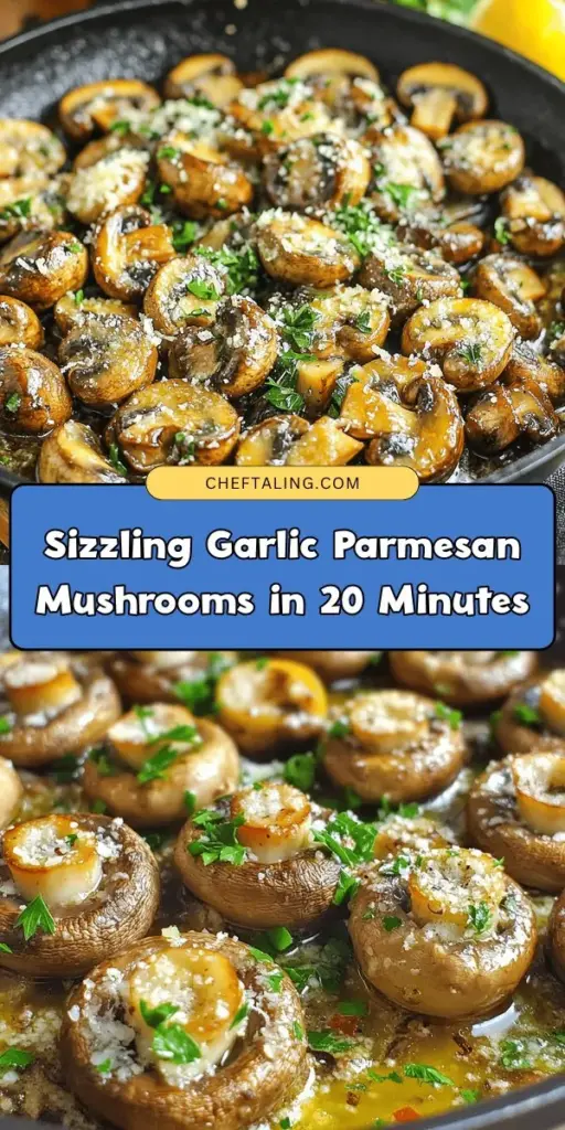 Discover the mouthwatering delight of Sizzling Garlic Parmesan Mushrooms! This simple, quick recipe transforms fresh mushrooms into a gourmet dish that's perfect as a side or appetizer. With minimal ingredients like garlic, olive oil, and Parmesan cheese, you can create a dish that impresses at any gathering. Enjoy the rich flavors and earthy aroma that will leave your guests craving more! #MushroomRecipe #GarlicParmesan #EasyCooking #ComfortFood #Appetizer #Foodie