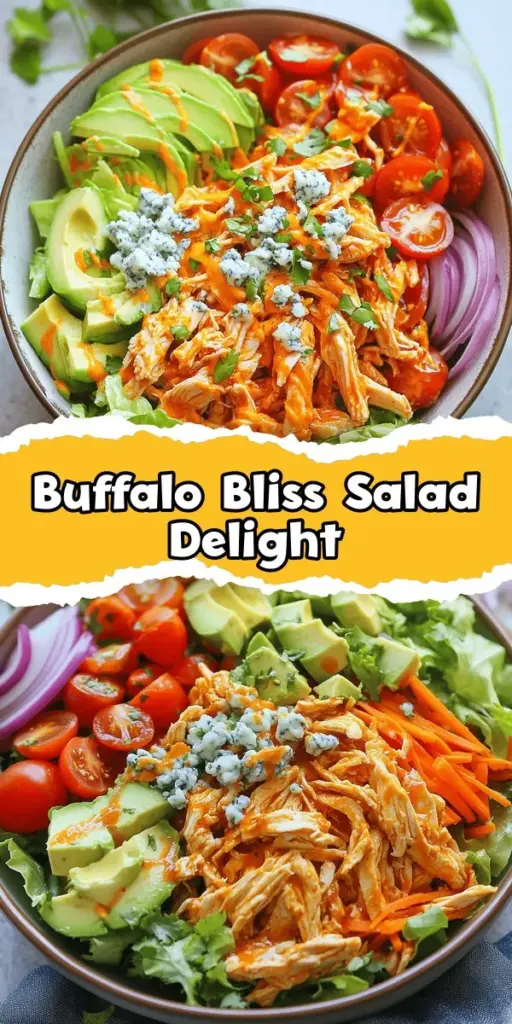 Discover the Buffalo Bliss Chicken Salad, a vibrant twist on a classic favorite! This hearty salad combines spicy buffalo chicken with fresh veggies like romaine, cherry tomatoes, and avocado, topped with blue cheese crumbles. It's not only delicious but also packed with nutrition, making it perfect for any meal. Great for quick lunches, family dinners, or potlucks! Try it today and enjoy a flavorful feast! #BuffaloChickenSalad #HealthyEats #MealPrep #SaladRecipe #ComfortFood