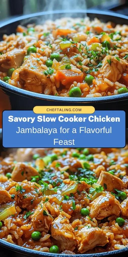 Dive into the rich flavors of Louisiana with this Savory Slow Cooker Chicken Jambalaya! This classic dish combines succulent chicken, vibrant vegetables, and a blend of spices for a meal that's not only hearty but also a breeze to prepare. Perfect for busy days, let the slow cooker do the work while you savor the enticing aromas filling your home. Gather your loved ones and enjoy a taste of Creole heritage that brings everyone together! #Jambalaya #SlowCookerRecipes #LouisianaCuisine #ComfortFood #FamilyMeals