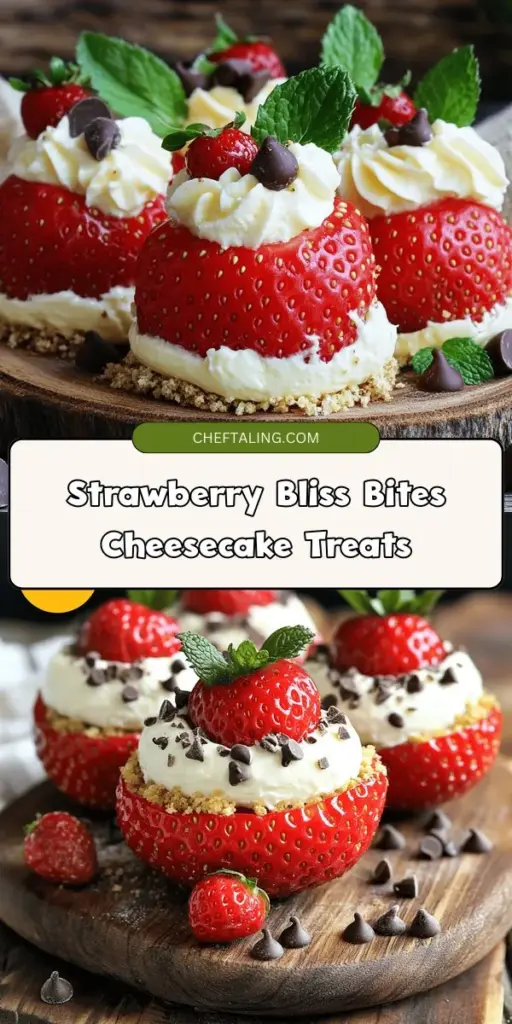 Indulge in the ultimate summer treat with these Strawberry Bliss Bites! These delightful cheesecake-filled strawberries combine fresh flavors with a creamy texture, making them the perfect addition to any gathering. Easy to prepare and visually stunning, they're a guaranteed crowd-pleaser. Enjoy their bright taste and nutritional benefits at your next party or simply as a sweet snack. Discover the joy of sharing delicious desserts! #StrawberryBlissBites #cheesecake #dessert #sweettooth #summerrecipes #freshfruit #easyrecipes #partyfood