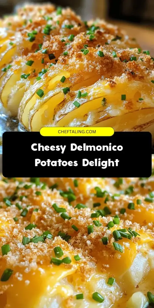 Indulge in the creamy goodness of Cheesy Delmonico Potatoes Delight! This luxurious side dish combines russet potatoes with rich sharp cheddar and Gruyère cheese for a warm, comforting experience that's perfect for gatherings or cozy dinners at home. With a crunchy breadcrumb topping and a sprinkle of fresh chives, every bite is a delightful blend of flavors and textures. Elevate your dining experience with this timeless classic! #CheesyPotatoes #ComfortFood #DeliciousRecipes #PotatoLovers #CookingAtHome #GourmetDining