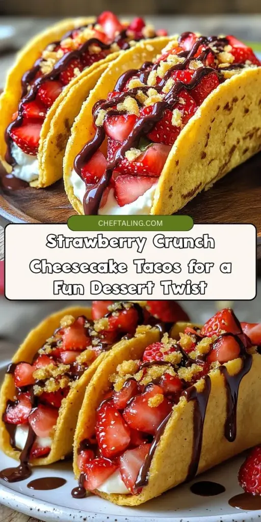 Indulge in a unique dessert experience with Strawberry Crunch Cheesecake Tacos! This inventive treat blends luscious cheesecake filling with crunchy graham cracker taco shells, topped with fresh strawberries and a delightful crunch. Perfect for any gathering, these tacos are not only visually stunning but bursting with flavor. Elevate your dessert game and impress friends and family with this whimsical twist on cheesecake! #Dessert #CheesecakeTacos #StrawberryDelight #SweetTreats #InnovativeDesserts #PartyFood