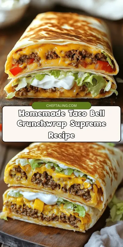 Satisfy your cravings with a homemade Taco Bell Crunchwrap Supreme using our easy copycat recipe! This iconic dish combines crispy tortillas with hearty fillings like seasoned beef, creamy nacho cheese, and fresh toppings, all wrapped to perfection. Customize it to your taste, whether you prefer extra cheese or lighter ingredients. Enjoy the fun of cooking and the satisfaction of a delicious, homemade meal. #CrunchwrapSupreme #TacoBell #CopycatRecipe #Homemade #FoodieFavorites #Yum #TacoRecipes