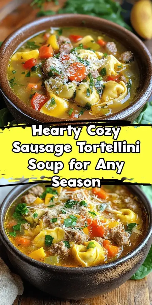 Warm up this season with Cozy Sausage Tortellini Soup, a comforting blend of savory Italian sausage, fresh vegetables, and tender tortellini. This hearty soup is easy to make and perfect for any time of the year. Packed with nutrients and rich flavors, it's great for family dinners or a cozy night in. Discover the versatility of this recipe and enjoy each nourishing spoonful. #SausageSoup #Tortellini #ComfortFood #HomemadeSoup #CozyMeals #HealthyEating #FallRecipes