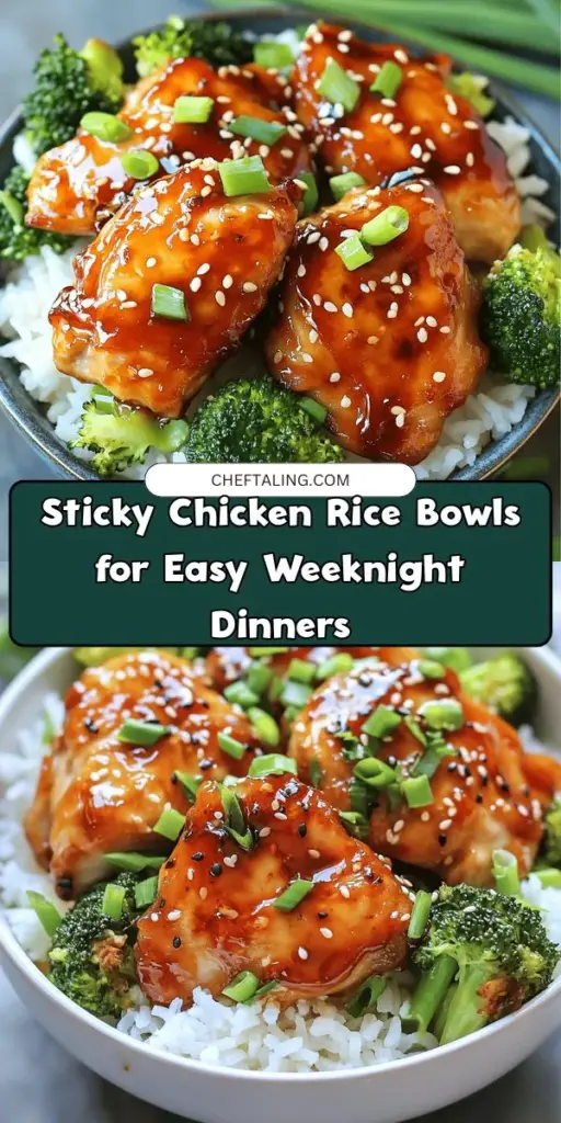 Looking for a delicious weeknight dinner idea? Try sticky chicken rice bowls! This easy recipe combines tender, flavorful chicken thighs with fluffy jasmine rice and crisp broccoli for a satisfying meal that's full of flavor, nutrition, and color. Marinate the chicken for extra taste and assemble with your favorite toppings. Perfect for customizing with different proteins or veggies! #RiceBowls #HealthyDinner #WeeknightMeals #StickyChicken #ComfortFood #CookingAtHome #FamilyFavorites