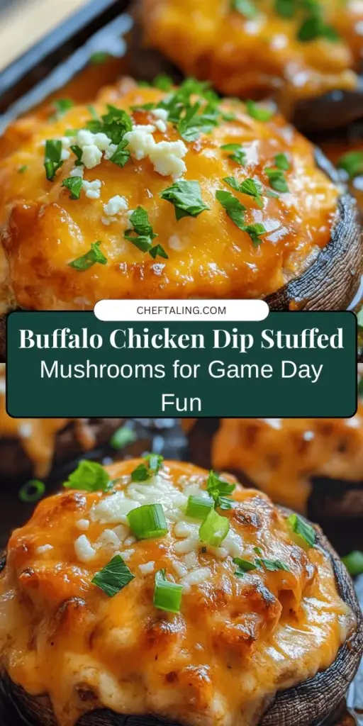 Get ready to wow your guests with Buffalo Chicken Dip Stuffed Baked Mushrooms! These savory treats combine tender mushrooms with a creamy, spicy buffalo chicken filling for an irresistible appetizer. Perfect for game days, gatherings, or a cozy night in, they're easy to prepare and sure to be a hit. Elevate your next event with this flavor-packed dish that blends the best of both worlds. #BuffaloChickenDip #StuffedMushrooms #Appetizer #GameDayEats #DeliciousRecipes #Foodie