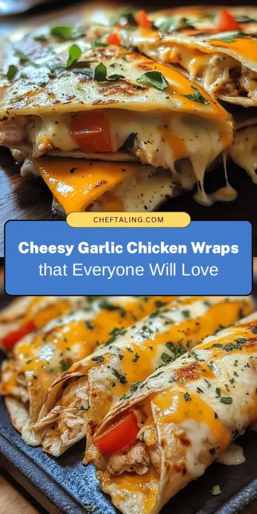 Enjoy the delightful fusion of flavors in these Cheesy Garlic Chicken Wraps! Perfect for a quick meal or snack, this recipe combines tender chicken, creamy cheeses, fresh spinach, and juicy tomatoes all wrapped in a soft tortilla. Packed with protein and nutrients, these wraps are deliciously nutritious and customizable. Try adding your favorite veggies or sauces for an extra twist! #CheesyGarlicChickenWraps #EasyRecipes #HealthyEating #MealPrep #YummyWraps #CookingAtHome