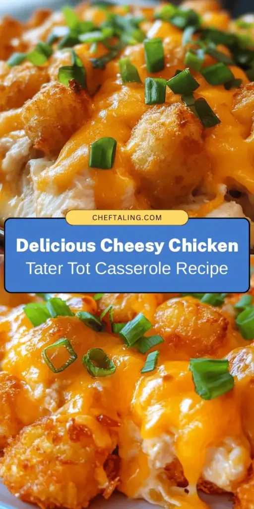 Indulge in the ultimate comfort food with our Cheesy Chicken Tater Tot Casserole! This hearty dish combines tender chicken, creamy sauce, crispy tater tots, and gooey cheese for a satisfying meal. Perfect for family dinners or potlucks, it’s quick to prepare and full of flavor. Discover the simple ingredients and step-by-step instructions to create a crowd-pleaser in just over an hour. Get cooking and enjoy this delicious casserole tonight! #ComfortFood #Casserole #ChickenDinner #TaterTots #EasyRecipes #FamilyMeals #Yummy