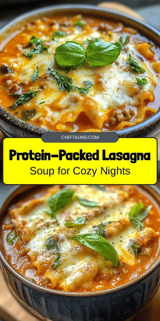 Indulge in the comforting flavors of Hearty High Protein Lasagna Soup, a delicious twist on the classic Italian dish! Packed with lean meats, fresh spinach, whole wheat noodles, and a creamy cheese blend, this nutritious soup is perfect for family dinners or meal prep. With its high protein content, it will keep you satisfied and energized throughout the day. Customize it with your favorite veggies and spices for a personalized touch! #LasagnaSoup #HealthyRecipes #MealPrep #HighProtein #ComfortFood #FamilyFriendly #NutritiousMeals