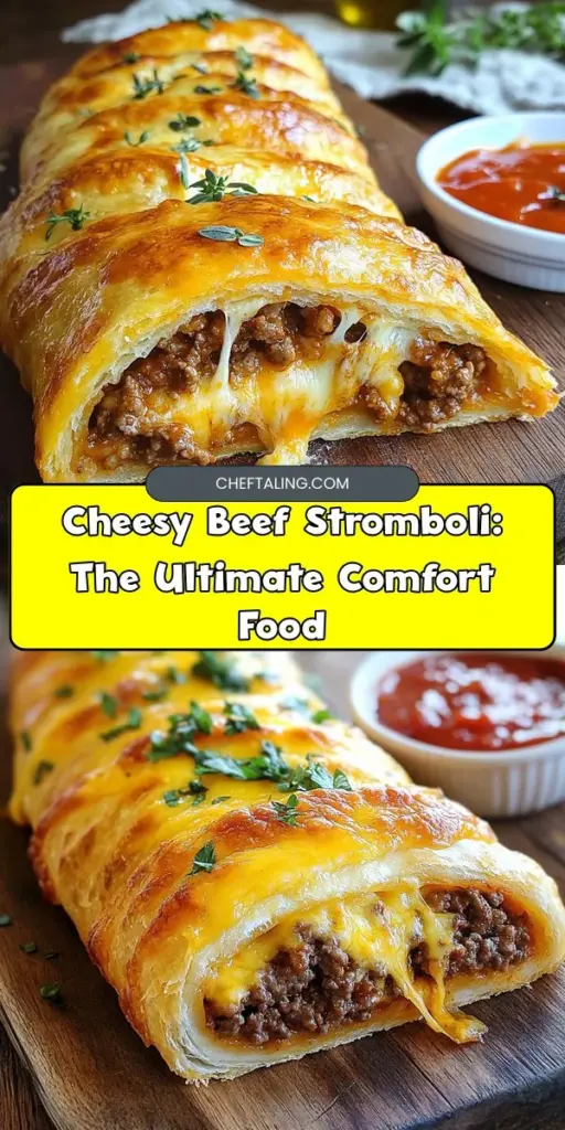 Indulge in the ultimate comfort food with this Cheesy Beef Stromboli recipe! Perfect for family dinners or impressing guests, this dish features savory ground beef and gooey melted cheese wrapped in a golden crust. With its irresistible flavors and easy preparation, it’s a hit for any occasion. Customize your filling with favorite veggies and seasonings for a personal touch. Give it a try and savor every bite! #Stromboli #ComfortFood #CheesyBeef #FamilyDinner #EasyRecipe #ItalianCuisine #Foodie