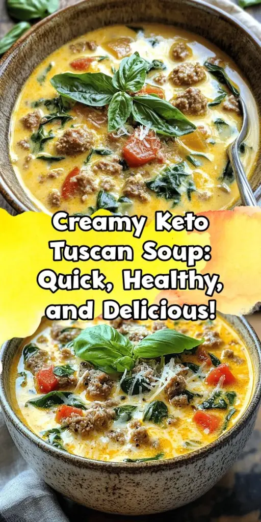 Warm up your meals with this Instant Pot Keto Tuscan Soup! This creamy, hearty dish brings the rich flavors of Tuscan cuisine right to your table while keeping carbs low. Packed with Italian sausage, fresh spinach, and a velvety texture, it’s perfect for any busy lifestyle. Enjoy a healthy, satisfying bowl that aligns with your keto diet. Easy to prepare and full of nutrients, this soup is a must-try! #KetoRecipes #InstantPot #TuscanSoup #HealthyEating #LowCarb #MealPrep #ComfortFood