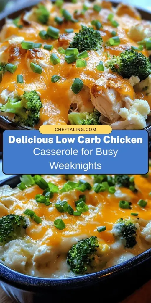 Looking for a quick and delicious weeknight meal? This Easy Low Carb Chicken Casserole is perfect for those on a low-carb diet! Packed with shredded chicken, broccoli, and a creamy cheesy sauce, it's a comforting dish your whole family will love. With minimal prep and cooking time, enjoy a nutritious dinner that won't weigh you down. Perfect for meal prep or a busy evening! Give it a try today! #LowCarb #ChickenCasserole #HealthyEating #EasyRecipes #MealPrep