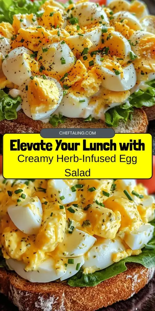 Discover the delightful world of creamy herb-infused egg salad! This timeless dish combines hard-boiled eggs with rich mayonnaise, tangy mustard, and fresh herbs like dill and chives for a burst of flavor in every bite. Perfect for sandwiches, picnics, or a quick lunch, this recipe is easy to customize to fit your taste. Enjoy the nutritional benefits of eggs while savoring a creamy, delicious treat. Try it today! #EggSalad #RecipeIdeas #HealthyEats #ComfortFood #Foodie