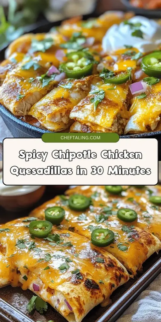 Discover the ultimate comfort food with these Spicy Chipotle Chicken Quesadillas! Bursting with bold flavors from shredded chicken, smoky chipotle peppers, and a cheesy blend, they're ready in under 30 minutes. Perfect for busy weeknights or casual gatherings, these quesadillas are as versatile as they are delicious. Serve them hot with fresh cilantro and your favorite dipping sauces for an irresistible meal! #Quesadillas #SpicyFood #MexicanCuisine #EasyRecipes #ComfortFood