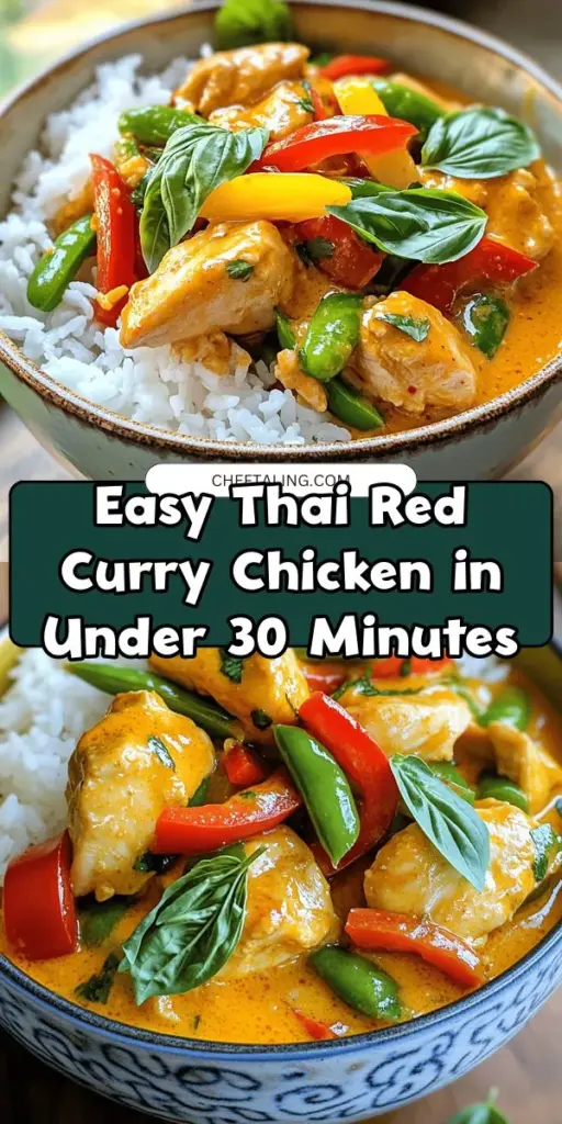 Indulge in the vibrant flavors of Thailand with this Quick Thai Red Curry Chicken Delight recipe! Perfect for busy nights, this dish combines tender chicken, fresh vegetables, and a rich, creamy coconut milk base to deliver a satisfying meal in no time. Packed with nutrients and deliciousness, it’s a must-try for any home cook. Enjoy this aromatic dish served with jasmine rice for a true Thai experience! #ThaiCooking #CurryRecipe #EasyMeals #HealthyEating #DinnerIdeas #QuickRecipes #Foodie