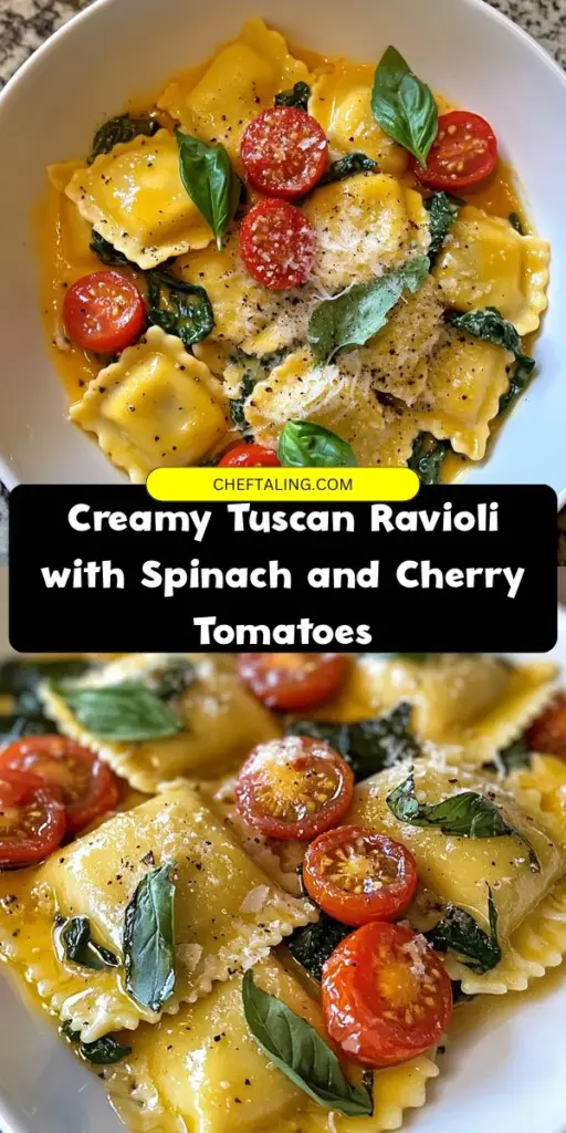 Indulge in the creamy goodness of Tuscan Ravioli, a perfect fusion of rich Italian flavors and fresh ingredients. This comforting dish features tender ravioli enveloped in a luxurious creamy sauce, accented with cherry tomatoes and vibrant spinach. Ideal for any occasion, it's easy to prepare whether you're a kitchen novice or an experienced chef. Elevate your meal with this delightful recipe that promises to warm your soul! #TuscanRavioli #ItalianCuisine #ComfortFood #PastaRecipes #HomemadeCooking #FoodieFavorites #YummyRecipes #PastaLove