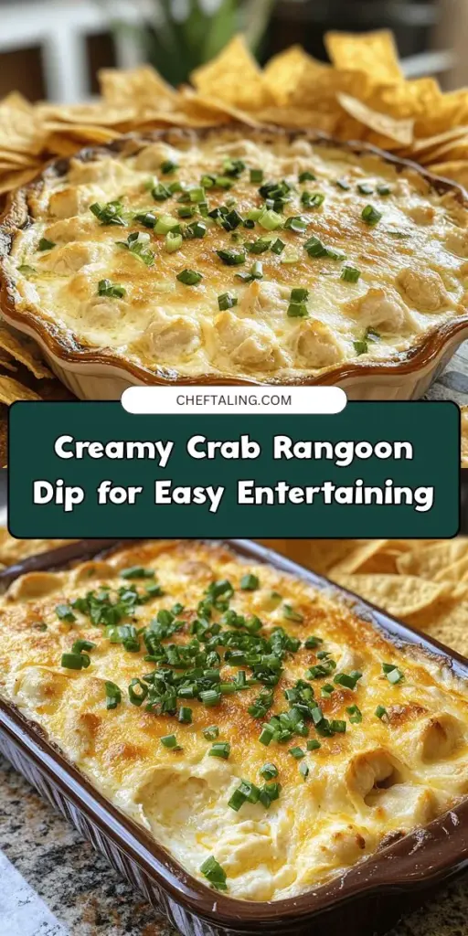 Indulge in the rich flavors of Creamy Crab Rangoon Dip, the perfect appetizer for any gathering! This warm, shareable dip captures the essence of the beloved classic crab rangoon without the hassle of frying. Made with cream cheese, crab meat, and a blend of delicious seasonings, it pairs beautifully with chips, veggies, or toasted bread. Elevate your snacking game and impress your guests with this crowd-pleaser at your next event! #CrabDip #PartyFood #Appetizers #GameDaySnacks #ComfortFood