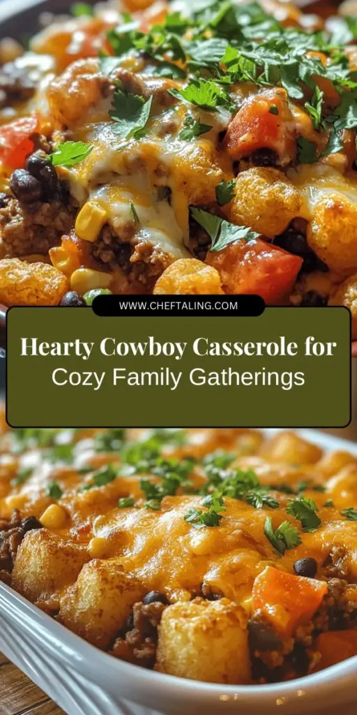 Looking for a comforting meal that’s perfect for gatherings? Try Cowboy Casserole! Bursting with flavors, this hearty dish combines ground meat, veggies, and crispy tater tots, making it a crowd-pleaser. Easy to customize for dietary preferences, it’s great for potlucks or cozy dinners. Share memories around the table with this delightful recipe that’s sure to warm hearts and fill stomachs. #CowboyCasserole #ComfortFood #DinnerIdeas #Recipe #FamilyMeal #CasseroleLove