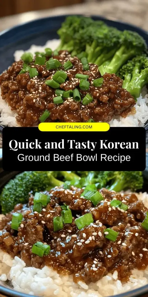 Discover the deliciousness of a Savory Korean Ground Beef Bowl—an easy and flavorful meal perfect for any occasion! This dish combines protein-rich ground beef with vibrant veggies, soy sauce, and a hint of sweetness for a satisfying experience. Ideal for quick weeknight dinners or meal prepping, it's fully customizable to suit your taste. Try it today and elevate your home cooking! #KoreanCuisine #BeefBowl #EasyMeal #HealthyEating #QuickRecipes #DinnerIdeas #MealPrep