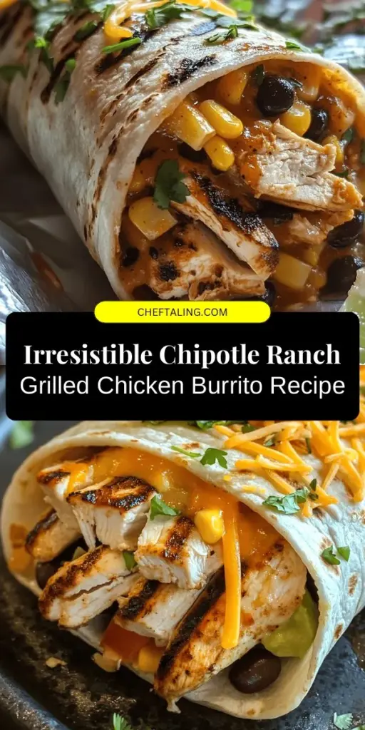 Indulge in the delicious flavors of a Chipotle Ranch Grilled Chicken Burrito! This easy-to-make meal combines marinated grilled chicken, brown rice, black beans, corn, and creamy chipotle ranch sauce, all wrapped in a large tortilla. Perfect for quick dinners or gatherings, it offers endless customization options to satisfy any palate. Add fresh veggies, cheese, or a squeeze of lime for extra zest! #BurritoRecipe #GrilledChicken #ChipotleRanch #HomemadeDeliciousness #Foodie #DinnerIdea