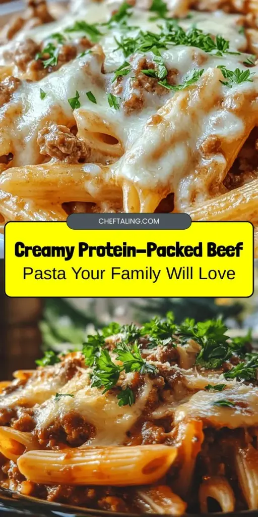 Discover the perfect balance of taste and nutrition with this Creamy Protein-Packed Beef Pasta! This delicious dish combines lean ground beef, whole grain penne, and a rich creamy sauce for a satisfying meal that the whole family will love. Packed with protein and fiber, it's perfect for a nutritious dinner. Elevate your weeknight meals and enjoy a flavorful dining experience. Try it tonight! #BeefPasta #HealthyRecipes #ProteinPacked #DinnerIdeas #WholeGrain #FamilyMeals #NutritiousEating