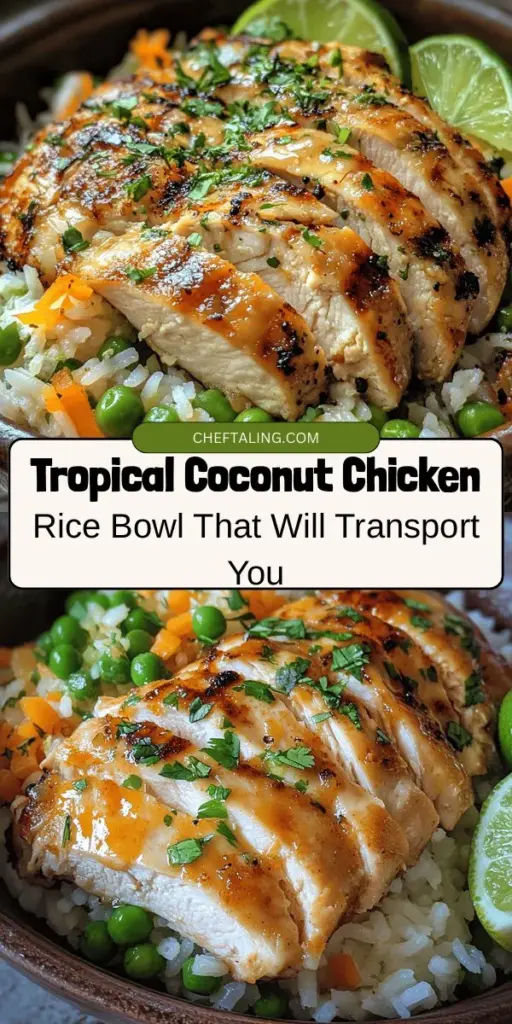 Transport yourself to a tropical paradise with this Tropical Coconut Chicken Rice Bowl recipe! Indulge in the creamy coconut milk, tender marinated chicken, and fluffy jasmine rice, topped with vibrant veggies for a perfect balance of flavors and textures. This nutritious bowl is not only delicious but also customizable to suit your taste. Perfect for family dinners or meal prepping! #CoconutChickenBowl #HealthyMeal #TropicalFlavors #RiceBowl #EasyRecipes #CookingAtHome #Foodie