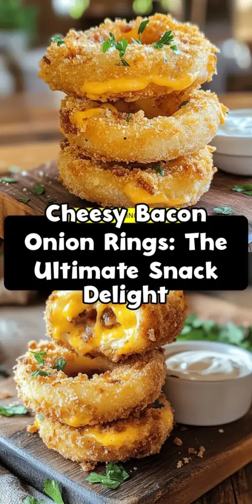 Indulge in the ultimate snack with our cheesy bacon onion rings recipe! Combining crispy fried onion rings with smoky bacon and rich cheddar cheese, these flavor-packed bites are perfect for game days, gatherings, or a savory treat at home. Customize the recipe with your favorite seasonings and cheeses for a unique twist. Get ready to impress your friends and family with this delicious appetizer! #CheesyBaconOnionRings #Appetizer #SnackIdeas #Recipe #Foodie #Delicious #CookingAtHome