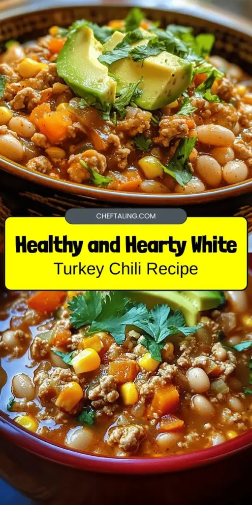 Discover the comfort of Wholesome White Turkey Chili, a healthy twist on a classic favorite! Packed with lean ground turkey, vibrant veggies, and a blend of spices, this bowl of goodness is not only delicious but also nutritious. Perfect for family dinners or game day gatherings, it's easy to make and customize to your taste. Enjoy a guilt-free meal that supports a balanced diet! #TurkeyChili #HealthyEating #ComfortFood #CleanEating #MealPrep #HealthyRecipes