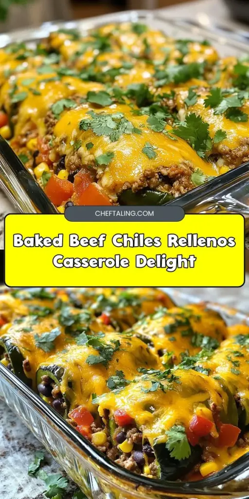 Savor the flavors of a classic Mexican dish with this Baked Beef Chiles Rellenos Casserole! This hearty, family-friendly meal combines tender Poblano peppers, seasoned ground beef, fresh veggies, and gooey cheese for a delicious twist on the beloved traditional recipe. Perfect for family dinners or potlucks, this casserole is easy to prepare and will please even the pickiest eaters. Try it today! #ChilesRellenos #Casserole #MexicanCuisine #ComfortFood #FamilyDinner