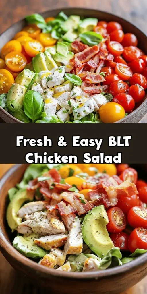 Looking for a fresh and healthy twist on the classic BLT? Dive into this Easy Healthy BLT Chicken Salad bursting with flavor! Made with tender chicken, crispy turkey bacon, vibrant tomatoes, crunchy romaine, creamy avocado, and a delicious Greek yogurt dressing, it's the perfect meal for busy days. Quick to prep, packed with nutrients, and utterly satisfying, this salad is sure to impress! Try it today! #HealthyEating #SaladRecipe #BLT #MealPrep #HealthyRecipes #ChickenSalad