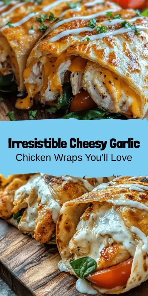 Discover the mouthwatering delight of Cheesy Garlic Chicken Wraps! Perfect for lunch, dinner, or even snacks, these wraps are a convenient culinary choice that combines creamy cheese, tender chicken, and fresh ingredients. With easy preparation and endless customization options, they cater to every taste. Elevate your meals with this flavorful and versatile recipe that everyone will love! #CheesyGarlicChicken #Wraps #EasyRecipes #Foodie #MealPrep #HealthyEating #Delicious