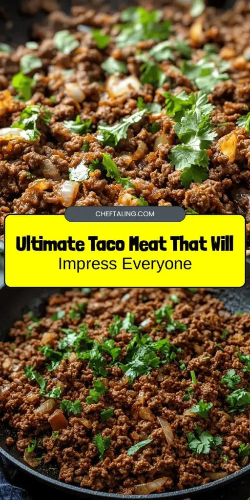 Elevate your taco night with the Ultimate Taco Meat Recipe! This delicious and versatile dish features rich flavors from ground beef or turkey, enhanced by fresh produce and a perfect blend of spices. Ideal for any occasion, it can easily be tailored to suit different dietary preferences, including plant-based options. Discover how to create a flavorful, satisfying taco filling that will impress your family and friends. Let the fiesta begin! #TacoNight #TacoMeat #EasyRecipes #Foodie #CookingAtHome #HealthyEating