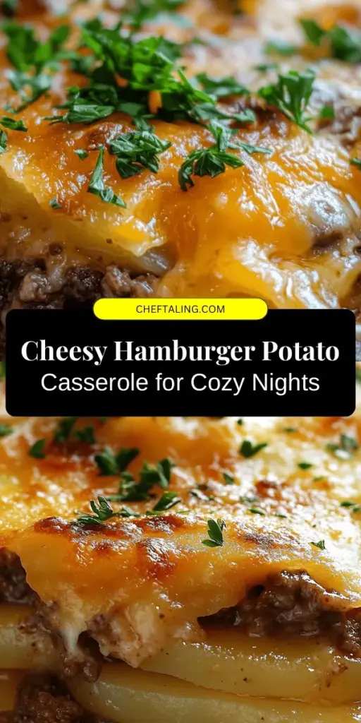 Looking for a comforting and filling meal? Try this Cheesy Hamburger Potato Casserole! It's an easy weeknight dish that combines savory ground beef, creamy cheddar, and tender potatoes, all baked together for a hearty treat. Perfect for family dinners or gatherings, this recipe is a classic that appeals to all ages. Customize it to fit your taste buds and enjoy the warmth of homemade comfort food. #Casserole #ComfortFood #CheesyHamburger #PotatoCasserole #EasyRecipes #FamilyMeals #Foodie