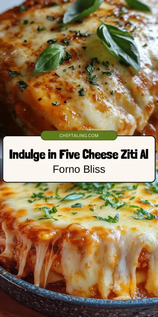 Indulge in the ultimate comfort food with this Five Cheese Ziti Al Forno recipe! This baked pasta delight layers five rich cheeses with tender ziti and marinara sauce, creating a creamy and delicious experience perfect for family dinners or gatherings. Bake until bubbly and golden for a dish everyone will love. Serve with a fresh salad and your favorite wine for the complete experience. Try it now! #PastaLovers #ComfortFood #CheeseLovers #ZitiAlForno #RecipeIdeas #HomeCooking