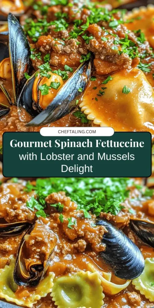 Elevate your dining experience with a luxurious dish: Spinach Fettuccine with Lobster Ravioli and Mussels. This gourmet recipe combines homemade spinach pasta, delicate lobster ravioli, and succulent mussels in a rich meat sauce. Perfect for special occasions, this meal is not only visually stunning but also bursting with flavor and nutrition. Impress your guests with this unforgettable culinary delight! #GourmetCooking #LuxuryDining #ItalianCuisine #HomemadePasta #SeafoodLovers #DinnerParty