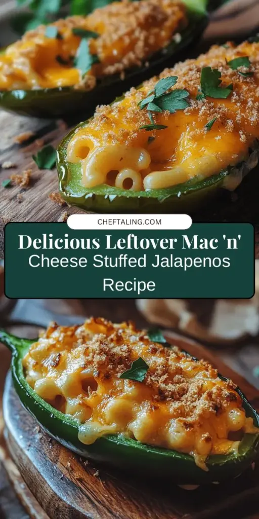 Looking for a delicious way to use your leftover mac 'n' cheese? Try these Leftover Mac 'n' Cheese Stuffed Jalapeños! This creative appetizer combines creamy mac 'n' cheese with the perfect spicy kick from jalapeños. Ideal for game days, parties, or cozy family meals, these stuffed jalapeños are easy to prepare and sure to impress. Elevate your leftovers into a flavor-packed delight! #MacAndCheese #Jalapenos #LeftoverRecipes #Appetizers #GamedaySnacks #FoodieFun #ComfortFood