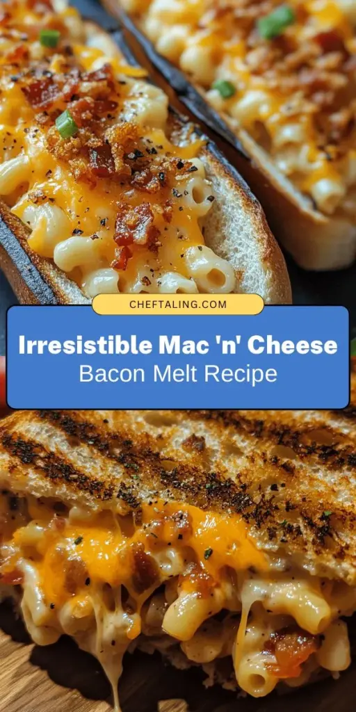 Satisfy your cravings with the ultimate Mac 'n' Cheese Bacon Melt! This delicious fusion of creamy macaroni, sharp cheddar, and crispy bacon is the perfect comfort food. With a crunchy exterior and gooey filling, this grilled sandwich will be a hit at any meal. Use leftover ingredients for a creative twist and serve it with dipping sauces for an extra flavor boost. Perfect for a cozy night in! #MacAndCheese #ComfortFood #BaconLover #CookingAtHome #Foodie #RecipeIdeas