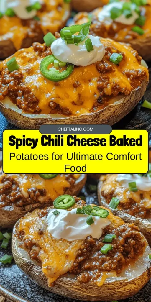 Craving comfort food? Try these Spicy Chili Cheese Baked Potatoes! With fluffy russet potatoes, hearty chili, and gooey cheddar, this dish is warm and satisfying. Perfect for family dinners or game day snacks, they’re easy to prepare and fun to customize. Add sour cream and green onions for an extra kick! Check out the recipe for a cozy meal that everyone will love. #ComfortFood #BakedPotatoes #ChiliCheese #Foodie #RecipeIdeas #HomeCooking #CozyMeals