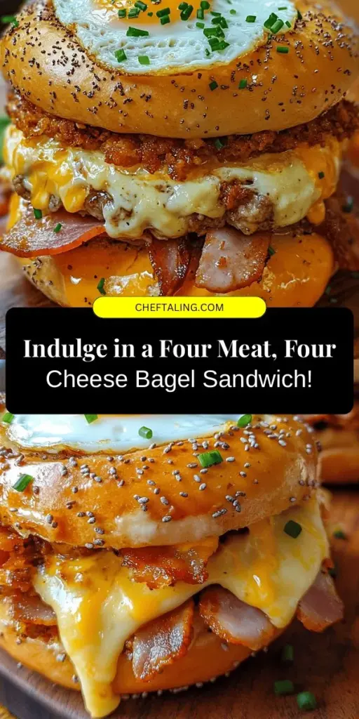 Start your day with a bang by making this delicious Four Meat, Four Cheese Bagel Breakfast Sandwich! Loaded with crispy bacon, savory sausage, tender ham, and mouthwatering pastrami, all nestled in a perfectly toasted bagel and topped with sharp cheddar, creamy Swiss, rich cream cheese, and spicy pepper jack, it’s a flavor explosion you won’t want to miss! Ideal for breakfast lovers and brunch gatherings. #BreakfastSandwich #BagelLove #FoodieDelight #BrunchIdeas #SavoryBites #RecipeInspiration