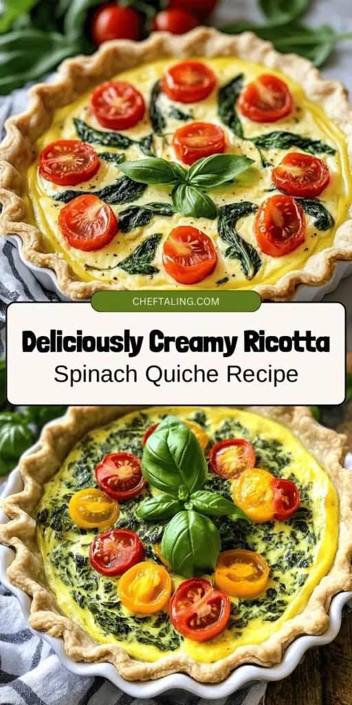 Indulge in the delightful flavors of Creamy Ricotta Spinach Quiche, a versatile dish perfect for any meal. This recipe features a rich, creamy texture from ricotta cheese and nutrient-packed fresh spinach, all encased in a flaky pie crust. It's easy to make, making it ideal for novice cooks and seasoned chefs alike. Serve it for brunch, dinner, or special gatherings for a meal that’s both satisfying and nourishing. Try it today! #Quiche #Ricotta #Spinach #Brunch #HealthyEats #ComfortFood #EasyRecipes #CookingAtHome